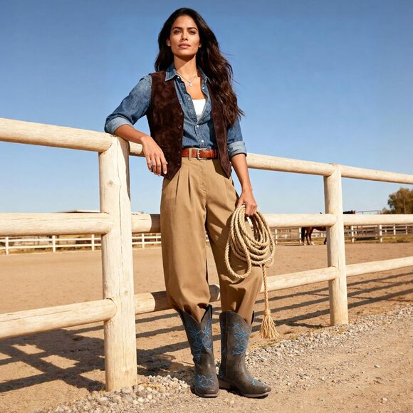 Dream Pairs Women's Dark Brown  Cowboy Boots Square Toe Embroidered Mid Calf - Picture 2 of 6